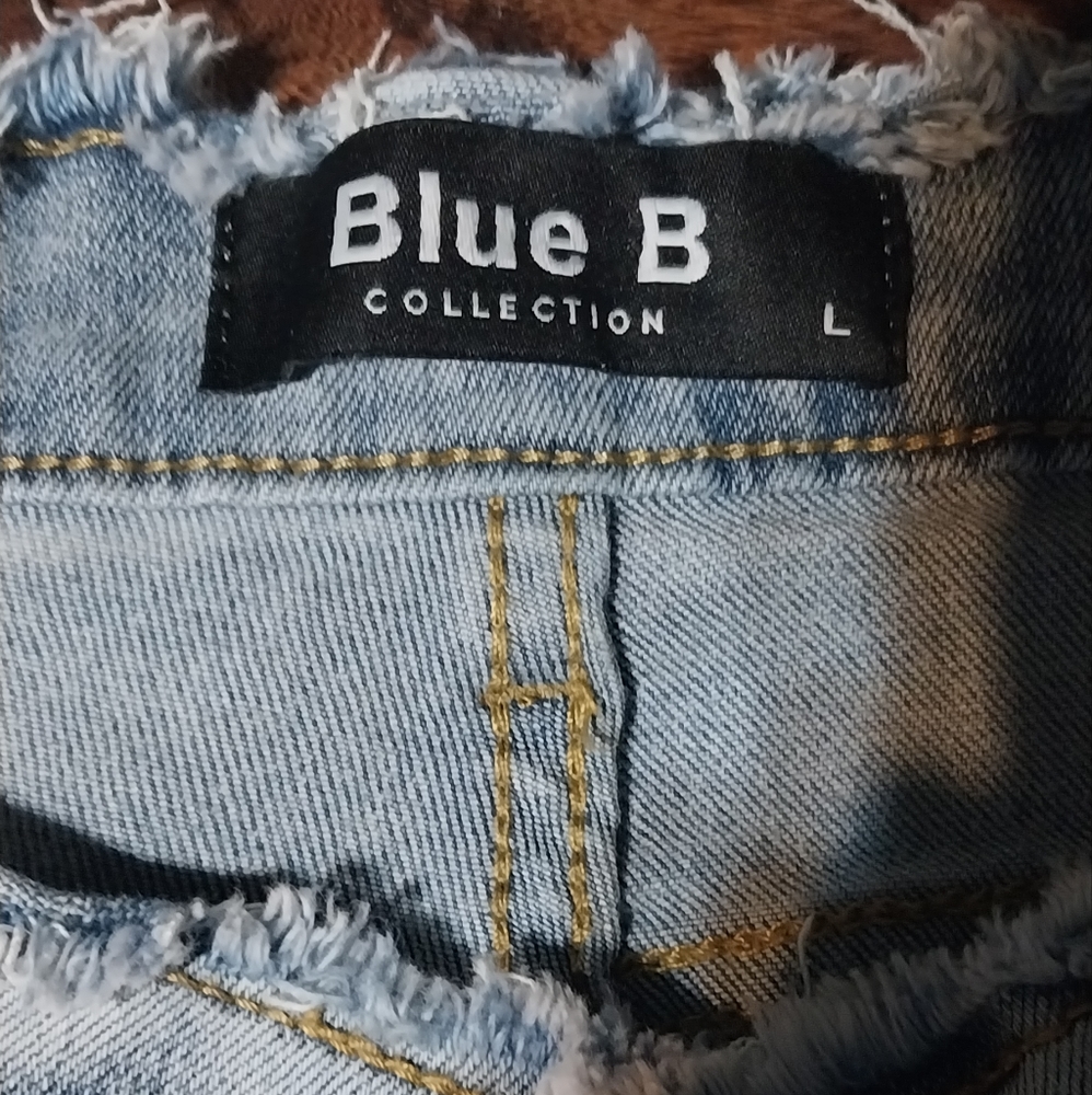 BLUE B RHINESTONE UNEVEN FRINGE HEM DENIM BLUE JEANS- L (31) - Picture 2 of 11
